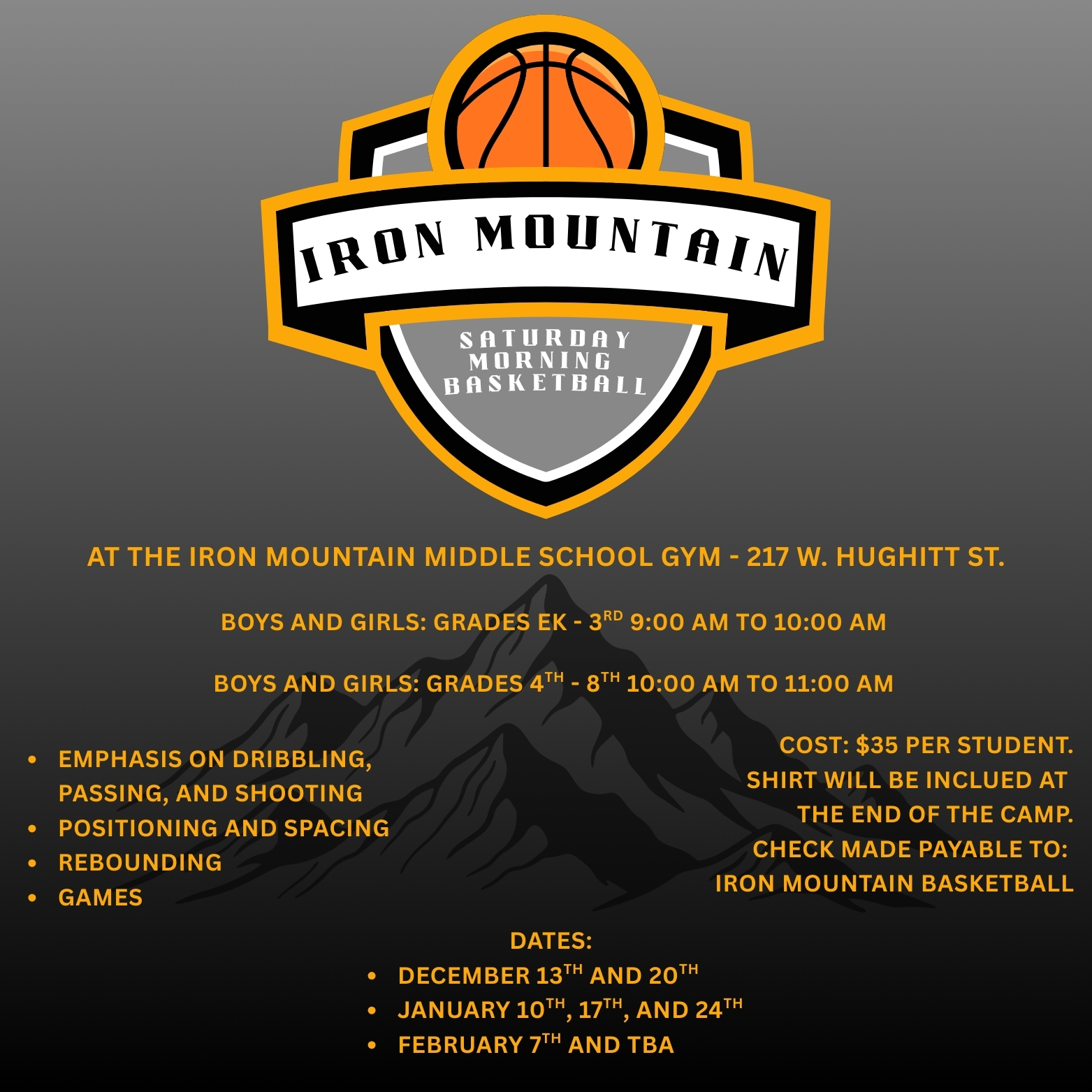 Poster of the Iron Mountain Saturday Morning Basketball announcement.